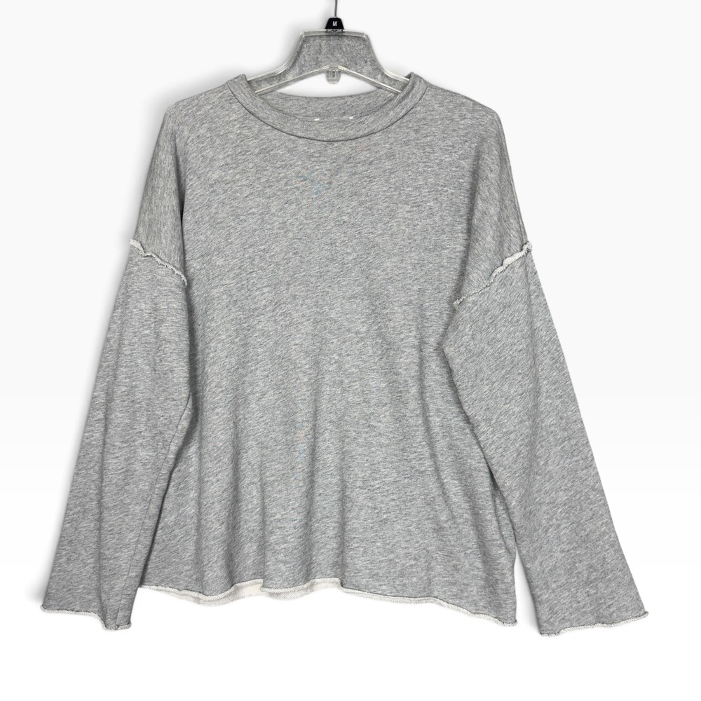 Eileen Fisher Sweatshirt Womens M Grey Organic Cotton Boxy Raw Edge Crew Neck
